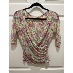 Diane Von Furstenburg Silk Floral Criss Cross 3/4 Sleeve Blouse M